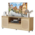 GustoWave Rattan TV Stand for up to 70 TVs, Boho Entertainment Center with Adjustable Shelf & Storage Drawer, Oak
