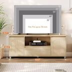 Meuble TV en rotin GustoWave pour téléviseurs jusqu'à 70 pouces, meuble de divertissement bohème avec étagère réglable et tiroir de rangement, chêne