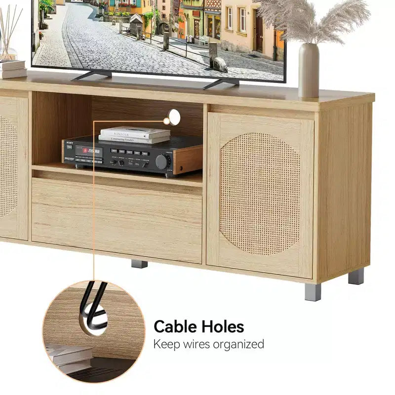 Meuble TV en rotin GustoWave pour téléviseurs jusqu'à 70 pouces, meuble de divertissement bohème avec étagère réglable et tiroir de rangement, chêne