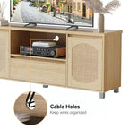 Meuble TV en rotin GustoWave pour téléviseurs jusqu'à 70 pouces, meuble de divertissement bohème avec étagère réglable et tiroir de rangement, chêne