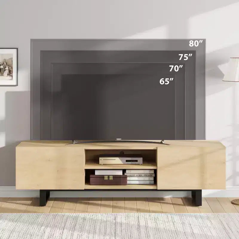 Meuble TV industriel GustoWave pour téléviseur de 80 pouces, centre de divertissement moderne avec 2 tiroirs, meuble multimédia en MDF avec texture bois élégante