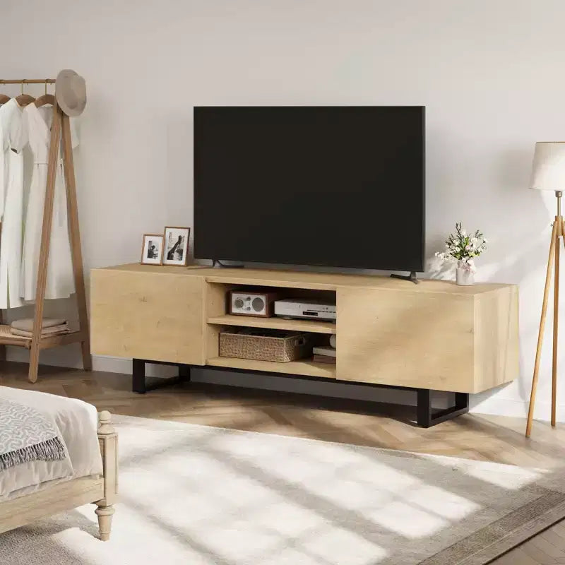 Meuble TV industriel GustoWave pour téléviseur de 80 pouces, centre de divertissement moderne avec 2 tiroirs, meuble multimédia en MDF avec texture bois élégante