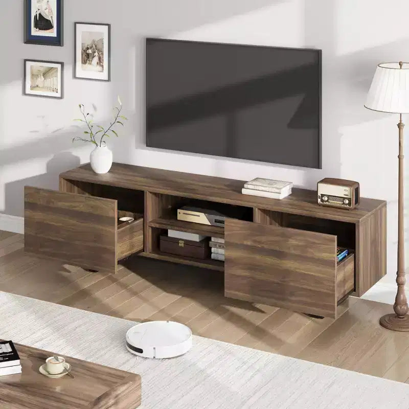 Meuble TV industriel GustoWave pour téléviseur de 80 pouces, centre de divertissement moderne avec 2 tiroirs, meuble multimédia en MDF avec texture bois élégante