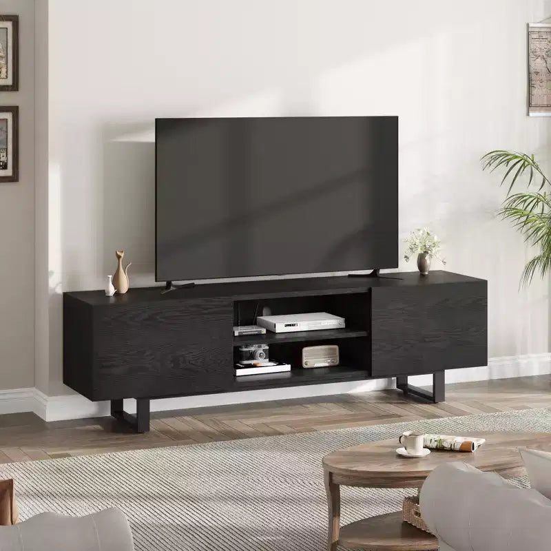 Meuble TV industriel GustoWave pour téléviseur de 80 pouces, centre de divertissement moderne avec 2 tiroirs, meuble multimédia en MDF avec texture bois élégante