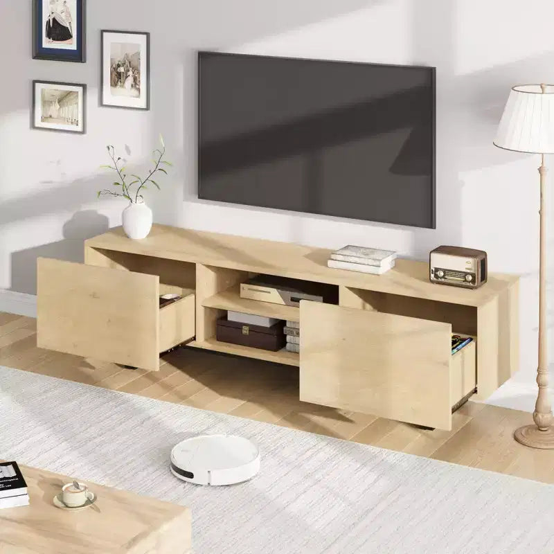 Meuble TV industriel GustoWave pour téléviseur de 80 pouces, centre de divertissement moderne avec 2 tiroirs, meuble multimédia en MDF avec texture bois élégante