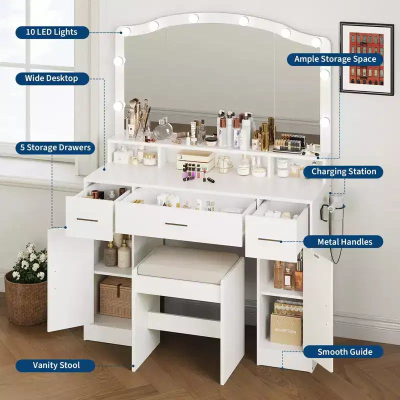 Coiffeuse GustoWave avec miroir et lumières, Coiffeuse avec 10 lumières LED, Dotée de 3 tiroirs, Tabouret de rangement, Prise de courant, Table de maquillage