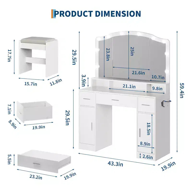 Coiffeuse GustoWave avec miroir et lumières, Coiffeuse avec 10 lumières LED, Dotée de 3 tiroirs, Tabouret de rangement, Prise de courant, Table de maquillage