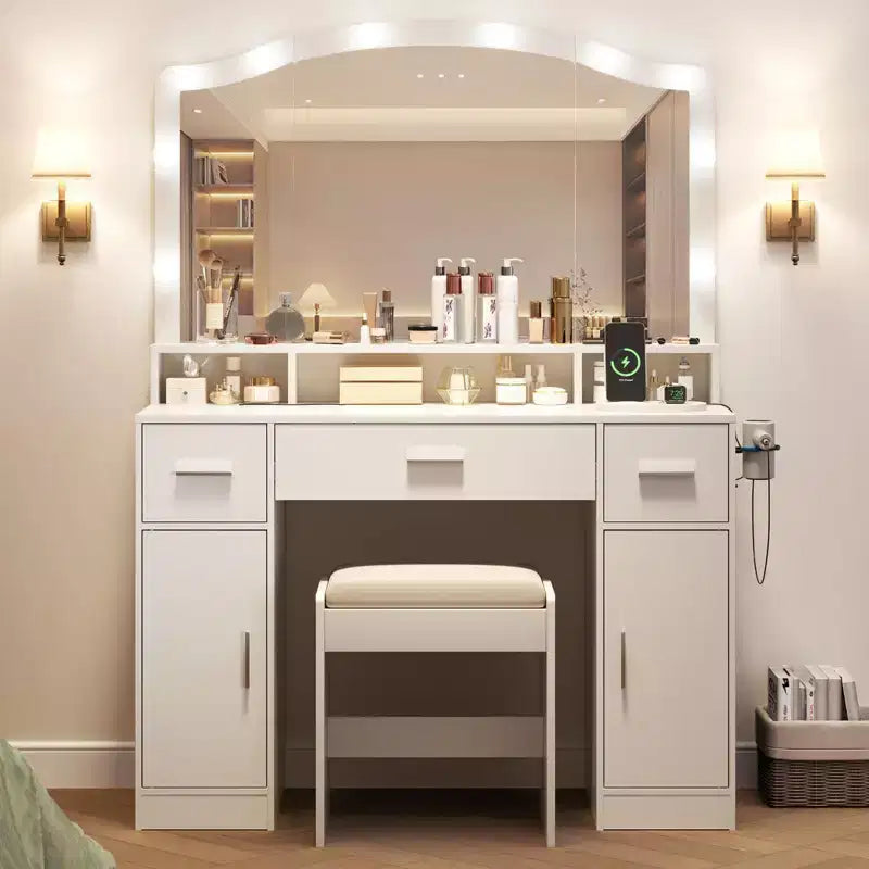 Coiffeuse GustoWave avec miroir et lumières, Coiffeuse avec 10 lumières LED, Dotée de 3 tiroirs, Tabouret de rangement, Prise de courant, Table de maquillage