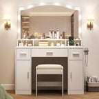 Coiffeuse GustoWave avec miroir et lumières, Coiffeuse avec 10 lumières LED, Dotée de 3 tiroirs, Tabouret de rangement, Prise de courant, Table de maquillage