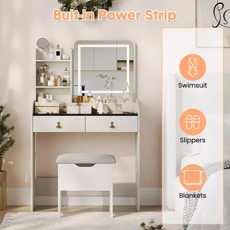 GustoWave, Coiffeuse avec miroir lumineux LED et station de recharge, Petite coiffeuse de maquillage avec 2 tiroirs et tabouret de rangement