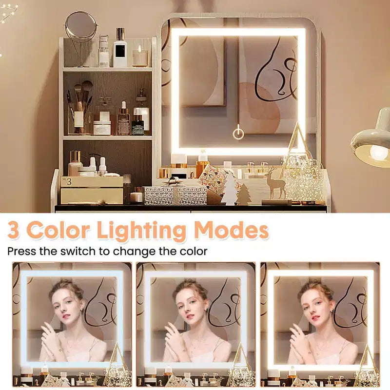 GustoWave, Coiffeuse avec miroir lumineux LED et station de recharge, Petite coiffeuse de maquillage avec 2 tiroirs et tabouret de rangement