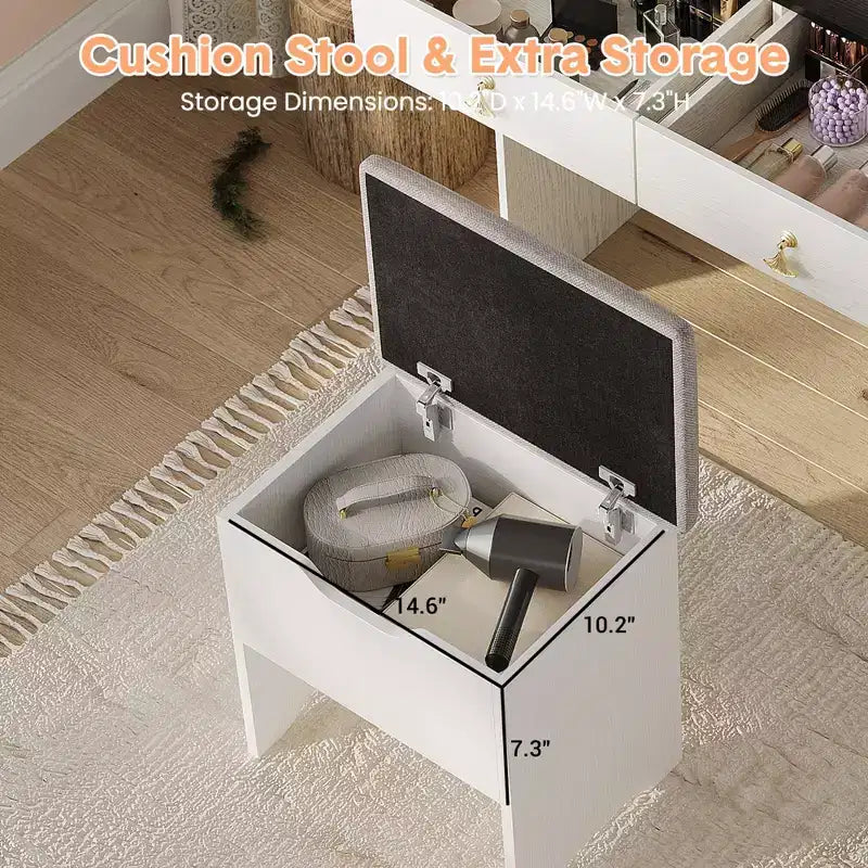 GustoWave, Coiffeuse avec miroir lumineux LED et station de recharge, Petite coiffeuse de maquillage avec 2 tiroirs et tabouret de rangement