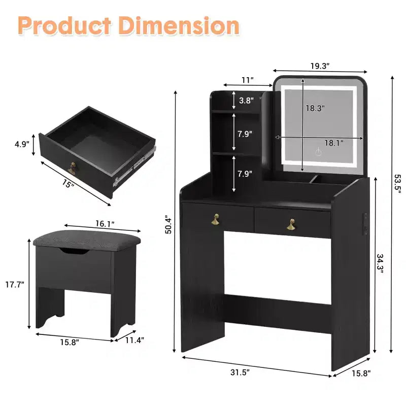 GustoWave, Coiffeuse avec miroir lumineux LED et station de recharge, Petite coiffeuse de maquillage avec 2 tiroirs et tabouret de rangement