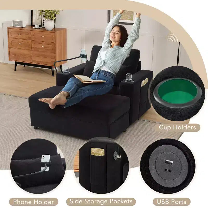 Merax Fauteuil de salon moderne en chenille avec pouf de rangement mobile