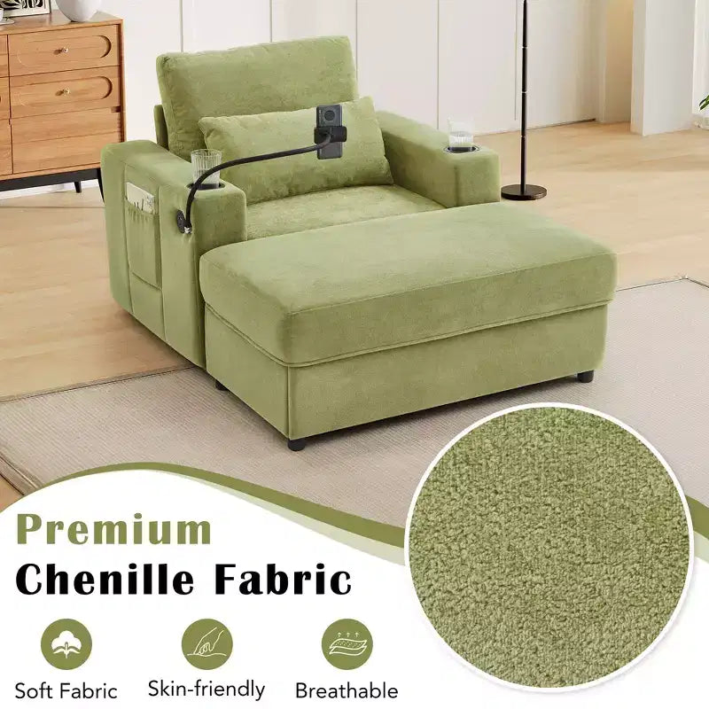 Merax Fauteuil de salon moderne en chenille avec pouf de rangement mobile