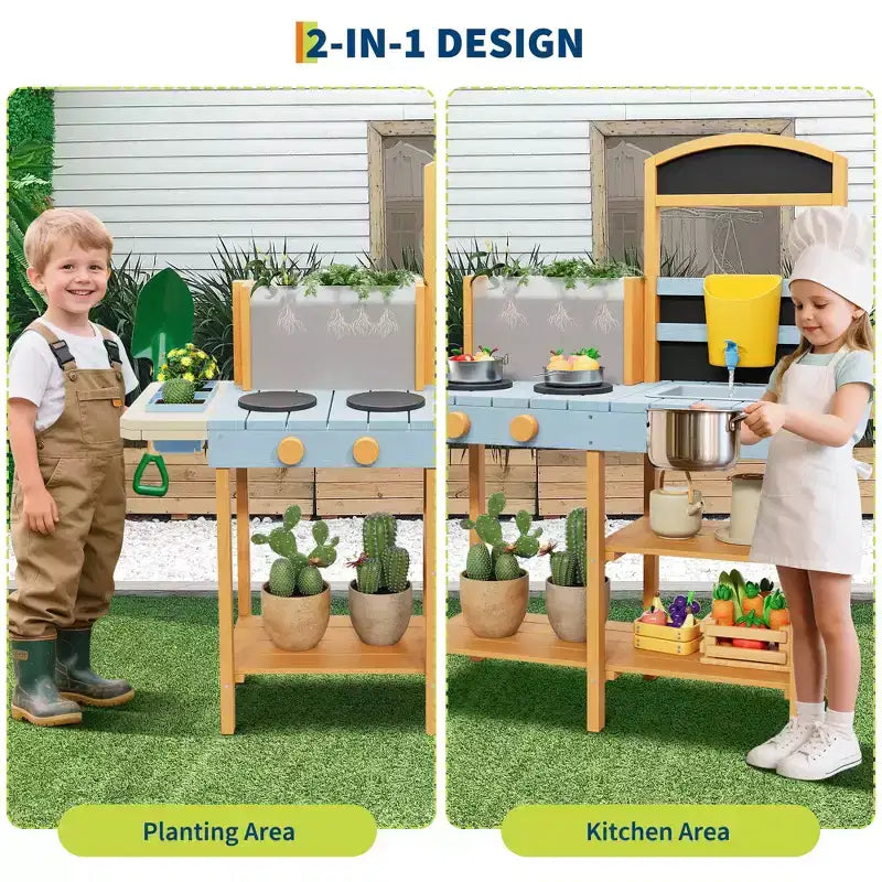 Cuisine en boue pour enfants, cuisine de jeu extérieure avec jardinière transparente et 2 pots de fleurs latéraux, étagères de rangement, cuisinière d'imitation, cadeau idéal pour les enfants de 3 à 8 ans