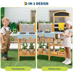 Cuisine en boue pour enfants, cuisine de jeu extérieure avec jardinière transparente et 2 pots de fleurs latéraux, étagères de rangement, cuisinière d'imitation, cadeau idéal pour les enfants de 3 à 8 ans