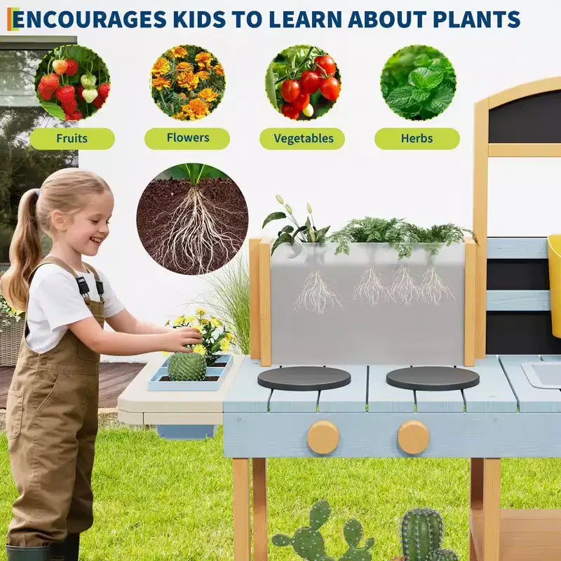 Cuisine en boue pour enfants, cuisine de jeu extérieure avec jardinière transparente et 2 pots de fleurs latéraux, étagères de rangement, cuisinière d'imitation, cadeau idéal pour les enfants de 3 à 8 ans