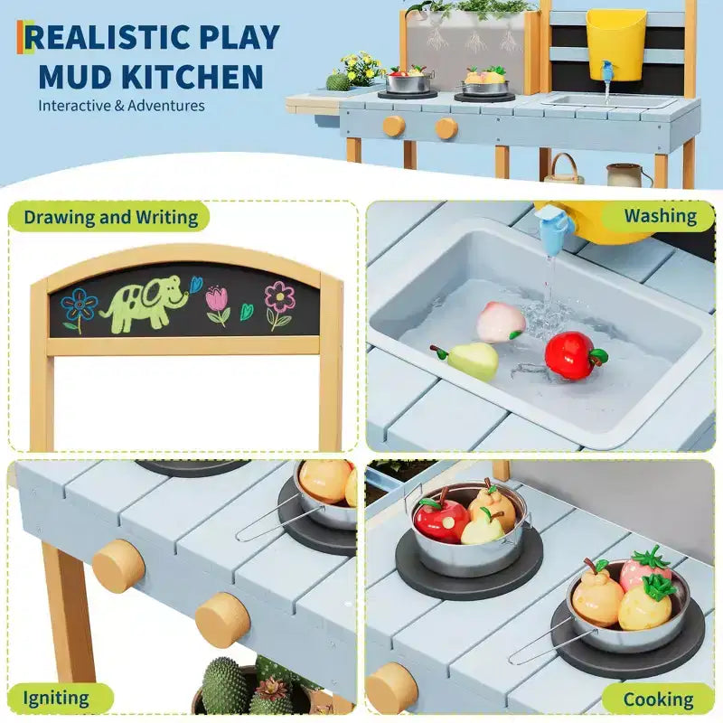 Cuisine en boue pour enfants, cuisine de jeu extérieure avec jardinière transparente et 2 pots de fleurs latéraux, étagères de rangement, cuisinière d'imitation, cadeau idéal pour les enfants de 3 à 8 ans