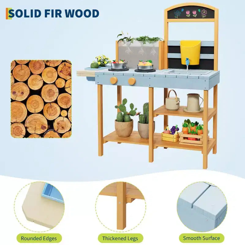 Cuisine en boue pour enfants, cuisine de jeu extérieure avec jardinière transparente et 2 pots de fleurs latéraux, étagères de rangement, cuisinière d'imitation, cadeau idéal pour les enfants de 3 à 8 ans