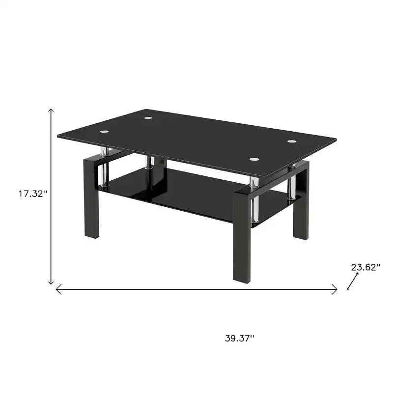 Table basse HomeRoots 39 po noire en verre et acier avec étagère