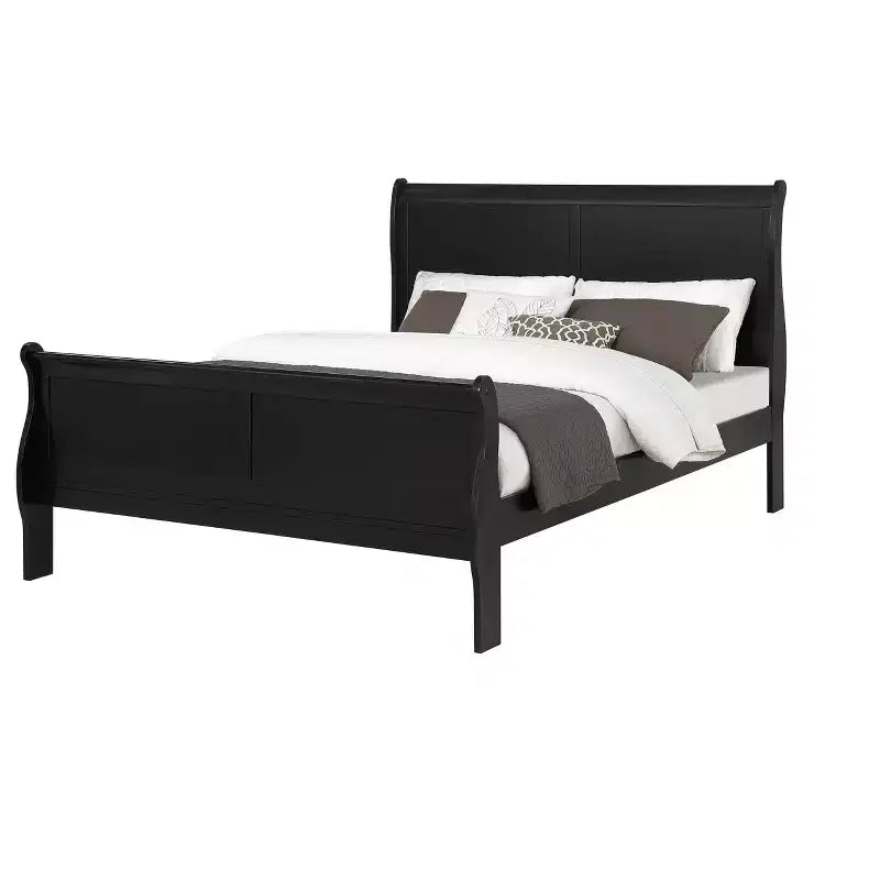 Okak 80 Grand lit traîneau en bois massif avec tête et pied de lit, design bas et sûr pour chambre d'enfant, noir