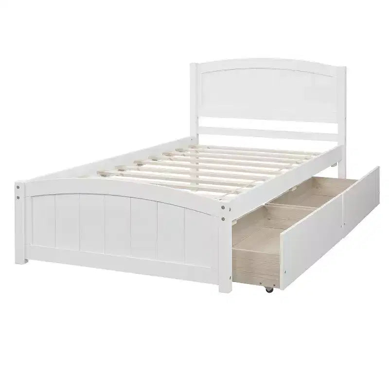 Lit plate-forme blanc double avec deux tiroirs, design moderne, espace de rangement supplémentaire