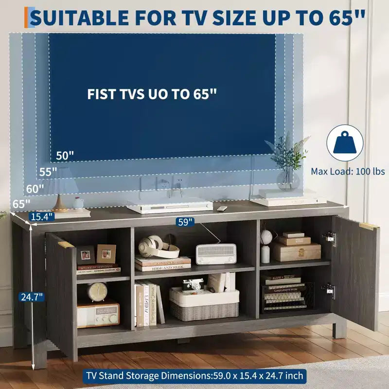 Meuble TV pour Téléviseur 65 Pouces, Meuble TV Robuste avec 2 Armoires et Étagères Ouvertes, Console TV Média, Meuble Console TV et Média en Bois