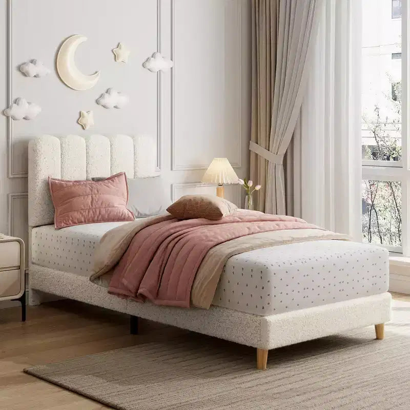 Cadre de lit Twin XL, Lit plateforme rembourré en tissu bouclé avec tête de lit ondulée pour filles/enfants, Montage facile, Sommier à lattes en bois, Pas besoin de sommier tapissier