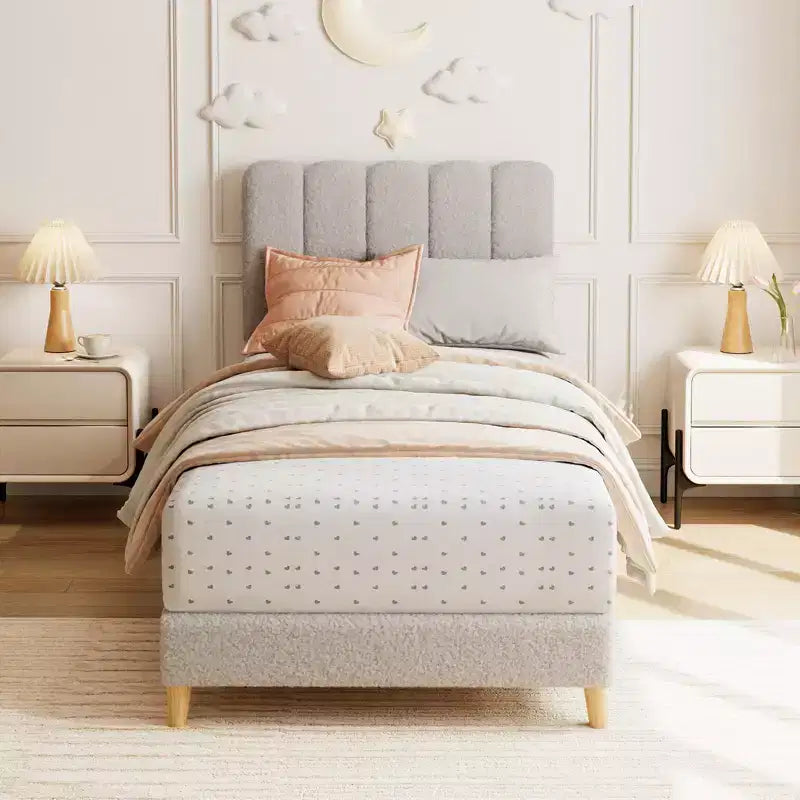 Cadre de lit Twin XL, Lit plateforme rembourré en tissu bouclé avec tête de lit ondulée pour filles/enfants, Montage facile, Sommier à lattes en bois, Pas besoin de sommier tapissier