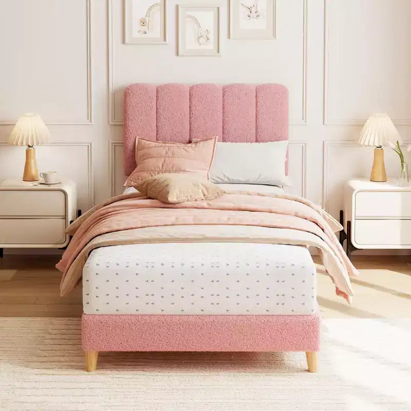 Cadre de lit Twin XL, Lit plateforme rembourré en tissu bouclé avec tête de lit ondulée pour filles/enfants, Montage facile, Sommier à lattes en bois, Pas besoin de sommier tapissier