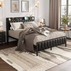 Bed Frame with - PU Faux Leather Button Headboard with Charging Station, Metal Platform with Storage, Noise-Free, No Box Spring Needed, Easy Assembly