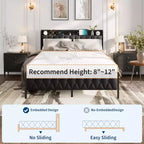 Cadre de lit avec - Tête de lit capitonnée en similicuir PU avec station de charge, plateforme métallique avec rangement, sans bruit, pas besoin de sommier tapissier, montage facile