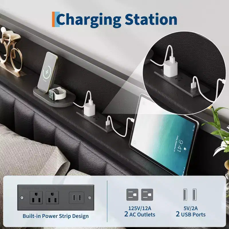 Cadre de lit avec - Tête de lit capitonnée en similicuir PU avec station de charge, plateforme métallique avec rangement, sans bruit, pas besoin de sommier tapissier, montage facile