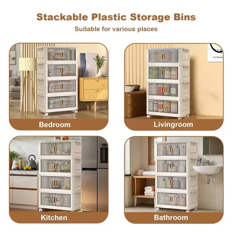 Bacs de rangement en plastique empilables à 4 niveaux, 4 bacs de rangement pliables de 79,5 L avec roues, organisateurs de placard et rangement à double porte