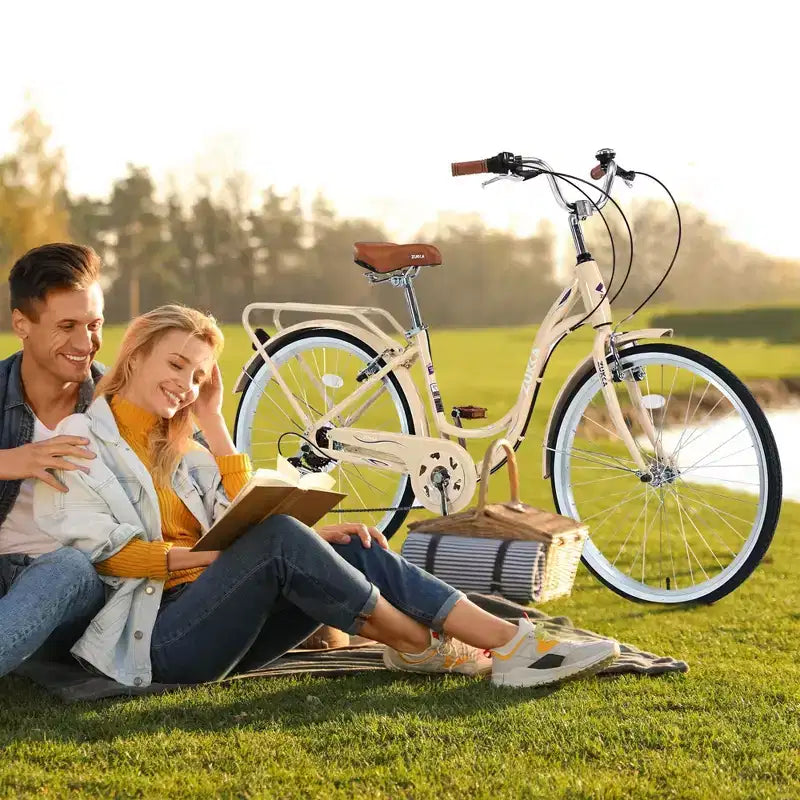 Vélo NAYSAYE 7 vitesses avec cadre en acier, vélo pour femme 24 pouces pour les trajets quotidiens et les loisirs en ville, beige, 62.2*23.62*40.16