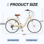 Vélo NAYSAYE 7 vitesses avec cadre en acier, vélo pour femme 24 pouces pour les trajets quotidiens et les loisirs en ville, beige, 62.2*23.62*40.16
