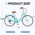 NAYSAYE Bicycle 7 Speed Steel Frame Ladies Bike for Commuting and Leisure for Active Women, Green, 66.5*45.7*22.05