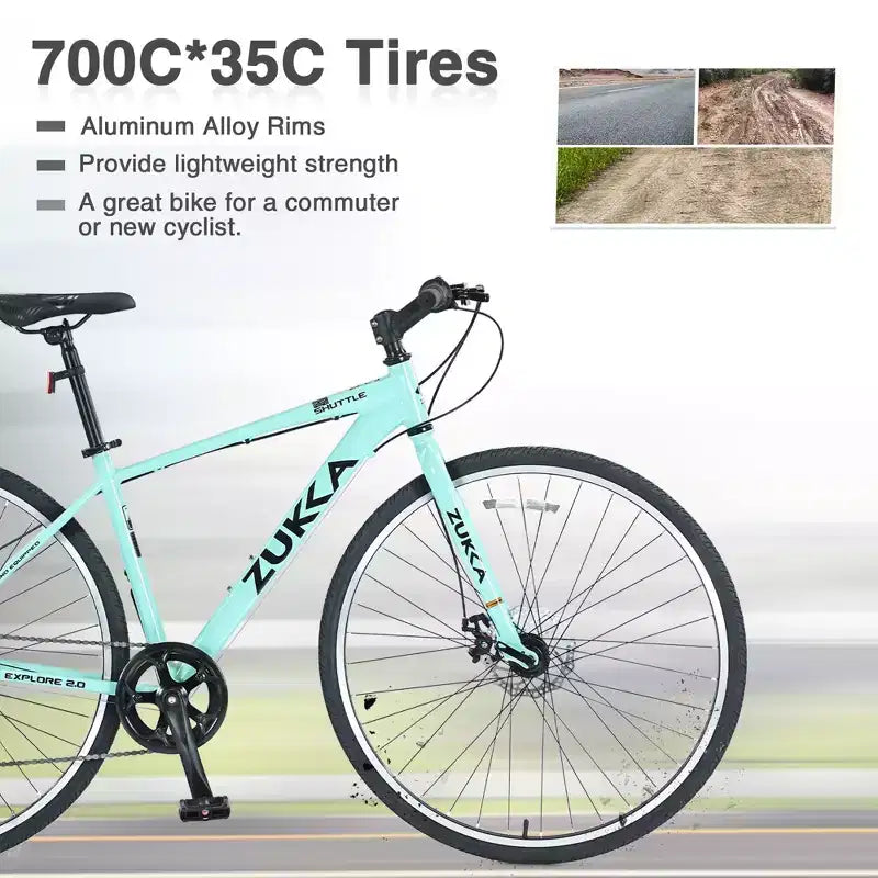 NAYSAYE Bicycle 7 Speed Hybrid Bike Aluminum Frame Double Disc Brakes for City Adventures, Green, 64.57*25.19*37.79
