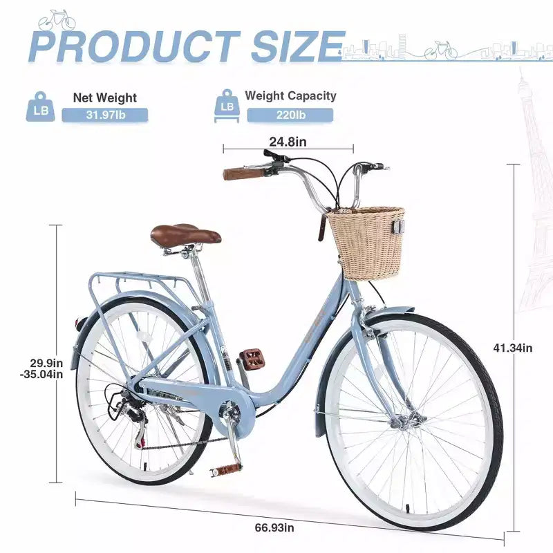 NAYSAYE Vélo de ville 7 vitesses avec panier, cadre en acier pour filles pour les trajets quotidiens et les loisirs, Bleu, 170*63*105
