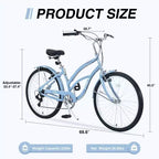 NAYSAYE Bicycle 7 Speed 26 Inch Beach Cruiser Bike Steel Frame for Women for Comfortable Rides, Light Blue, 69.96*28.32*43.2