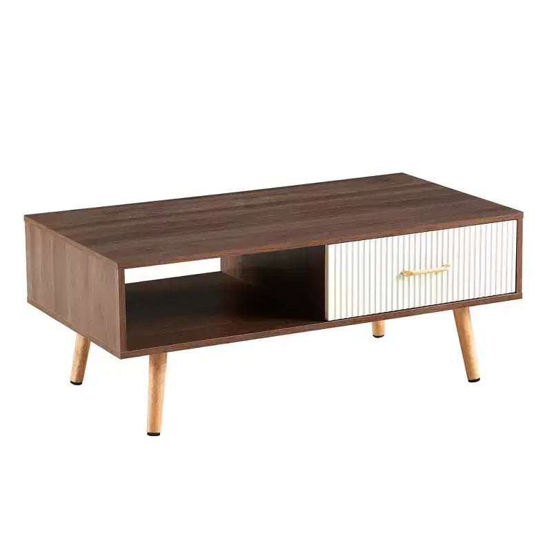 Table basse rectangulaire MAYEERTY avec pieds en bois massif et tiroir coulissant de rangement – Table moderne pour salon