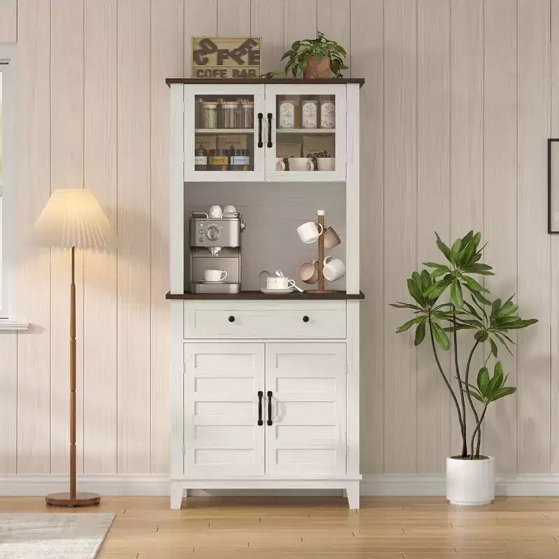 Meuble de Rangement Buffet de Cuisine 72" avec 2 Portes en Verre et Tiroirs - Meuble de Rangement pour Salle à Manger