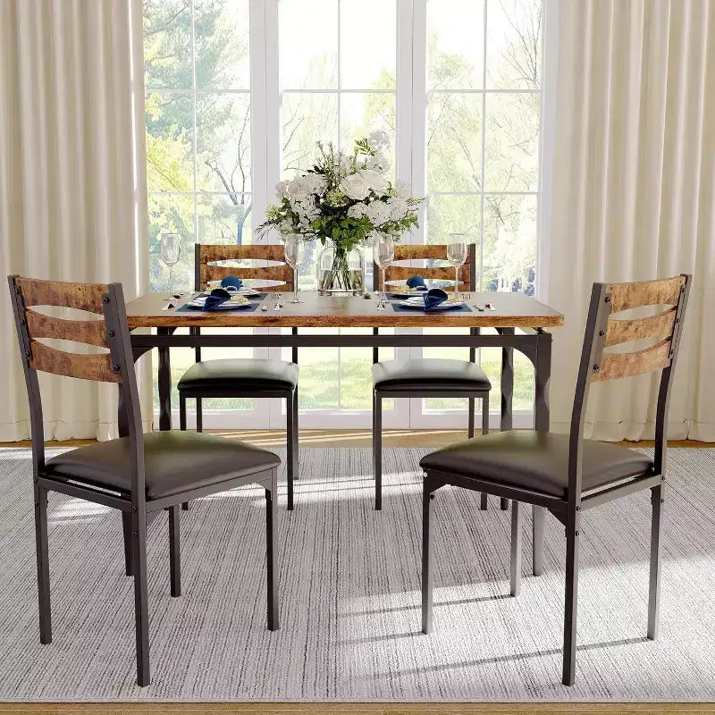 Modern Industrial Dining Set, 5 Piece Table & 4 Chair Combo, Space-Saving Kitchen Table with Metal Legs for Homes & Apartments
