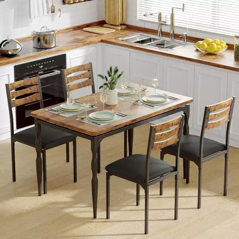 Modern Industrial Dining Set, 5 Piece Table & 4 Chair Combo, Space-Saving Kitchen Table with Metal Legs for Homes & Apartments