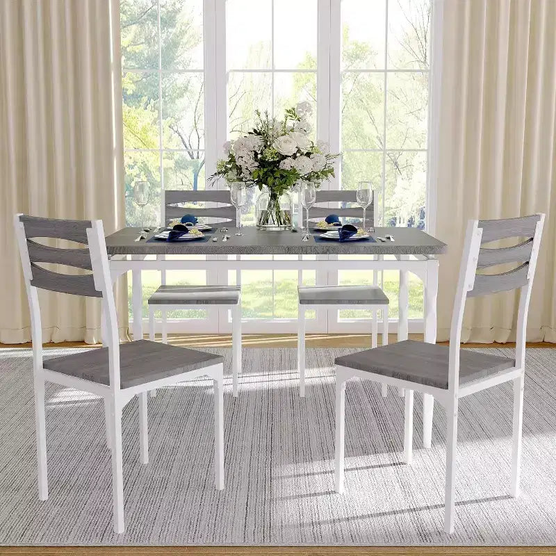 Modern Industrial Dining Set, 5 Piece Table & 4 Chair Combo, Space-Saving Kitchen Table with Metal Legs for Homes & Apartments