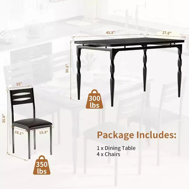Modern Industrial Dining Set, 5 Piece Table & 4 Chair Combo, Space-Saving Kitchen Table with Metal Legs for Homes & Apartments