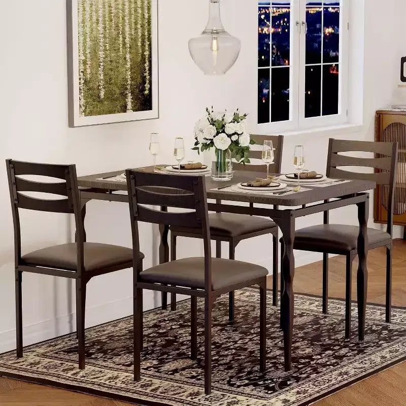 Modern Industrial Dining Set, 5 Piece Table & 4 Chair Combo, Space-Saving Kitchen Table with Metal Legs for Homes & Apartments