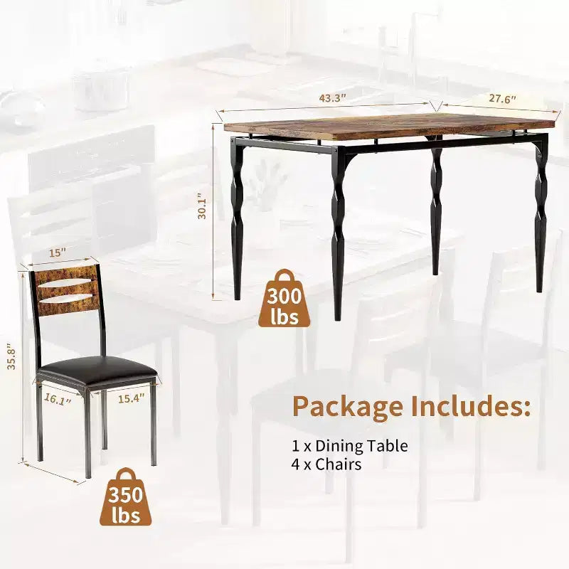 Modern Industrial Dining Set, 5 Piece Table & 4 Chair Combo, Space-Saving Kitchen Table with Metal Legs for Homes & Apartments