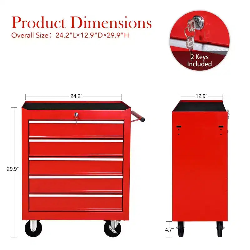 Servante d'atelier à 5 tiroirs avec roues, armoire de rangement à outils robuste et verrouillable pour garage, atelier et entrepôt